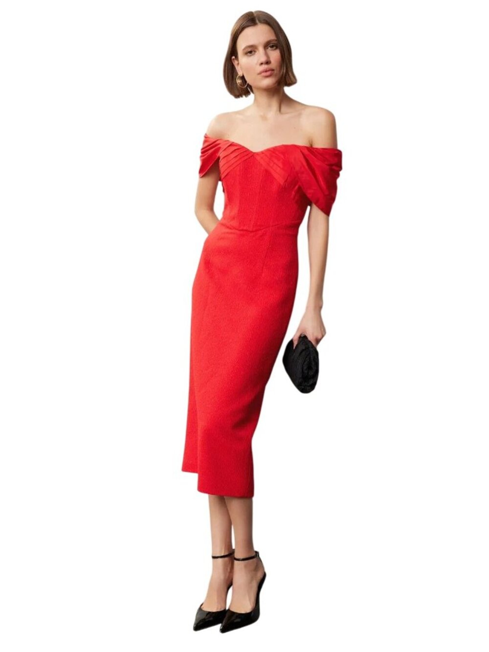Rebecca Vallance Chiara Midi Dress in Red 2 Womens Sheath off the shoulders